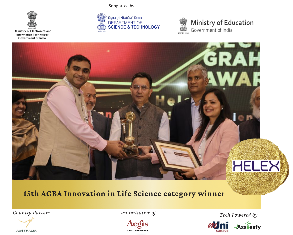 Helex receiving the Aegis Graham Bell Award under the Life Science category from Hon’ble Minister Shri Jitin Prasada, Minister of State for MeitY and Commerce.